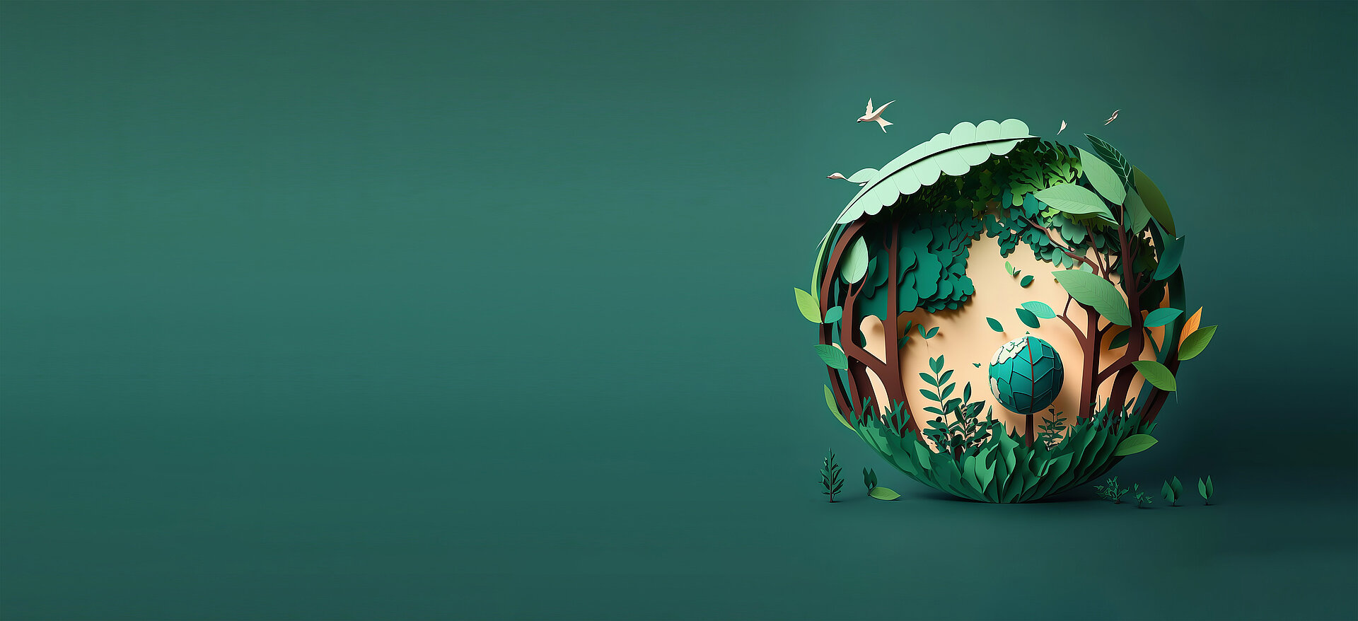 Paper art: Green world with trees and birds